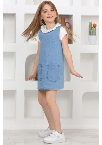 Kız Çocuk 2'li Jean Elbise (Çift Cepli Jean ELBISE+BLUZ)12203