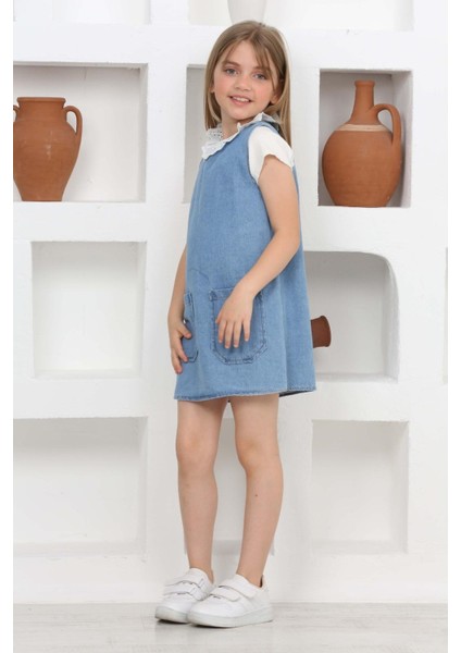 Kız Çocuk 2'li Jean Elbise (Çift Cepli Jean ELBISE+BLUZ)12203