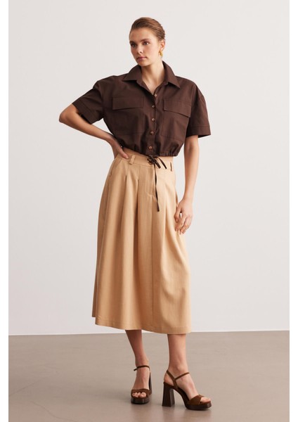 Bej Pilili Cepli Midi Etek