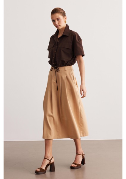 Bej Pilili Cepli Midi Etek modelleri