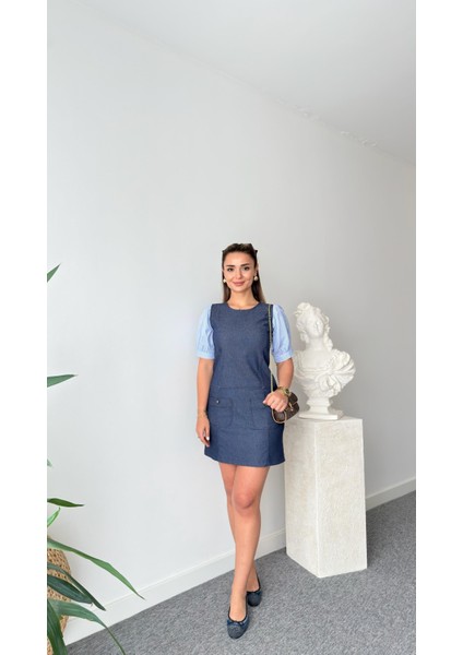 Bebe Plus Kadın Çizgili Karpuz Kol Detaylı Mini Kot Elbise