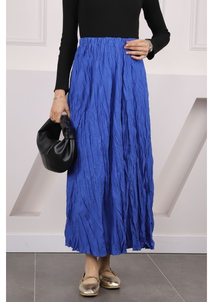 Saks Mavi Bel Lastikli Kraş Etek