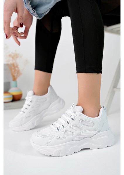 Günlük Kadın Spor Ayakkabı Bağcık Yüksek Kalın Taban Nefes Alan Oval Burun Rahat Hafif Sneaker 1001