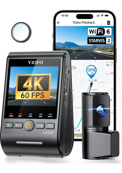 A329 2ch 4K 60FPS/HDR 30FPS + 2k Dashcam, Çift Starvıs 2 Sensör, Wi-Fi 6, Ses Kontrolü