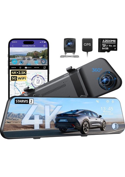 Pro 4K + 2.5k Hdr Dashcam, 12" IPS Dokunmatik Ekran, 5ghz Wi-Fi, Süper Gece Görüşü