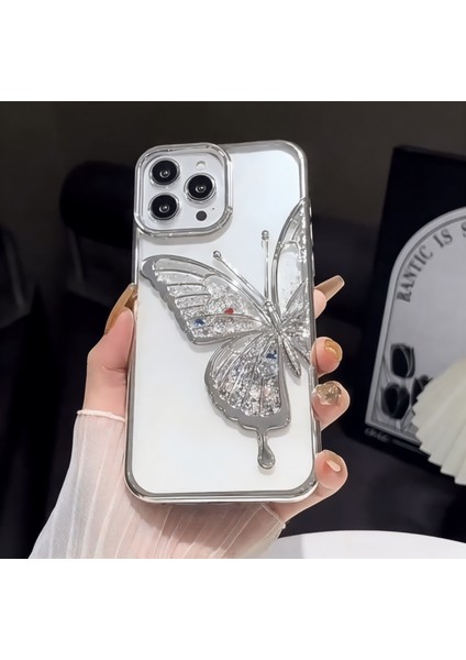 Apple iPhone 14 / 13 Uyumlu Kılıf Kelebek Figürlü Hareketli Simli Şeffaf Silikon Kılıf / Kapak modelleri
