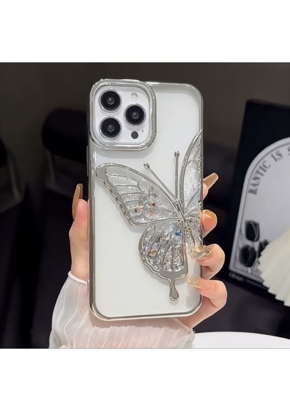 Apple iPhone 14 / 13 Uyumlu Kılıf Kelebek Figürlü Hareketli Simli Şeffaf Silikon Kılıf / Kapak