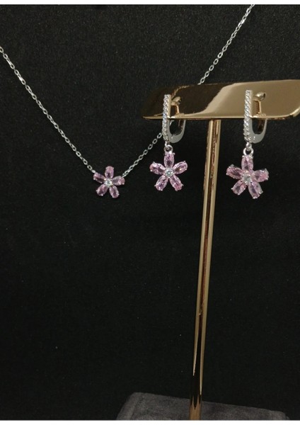 Kadın Gümüş Pembe Çiçek Tasarım Kolye ve Küpe Seti - Şık ve Zarif Hediye (7 Gr.) fiyatları