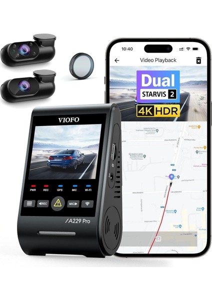 A229 Pro 3 Kanal Dashcam 4K + 2k + 1080P, Çift Starvıs 2, Hdr Ön, Arka ve Iç Kamera