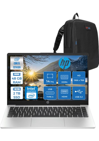 240 G10 Intel Core I5 1335U 48GB 2tb SSD Intel® Iris® Xᵉ Grafik Freedos 14" Hd (1366 x 768) Sva Taşınabilir Bilgisayar 968L6ETF29 + Zetta Çanta