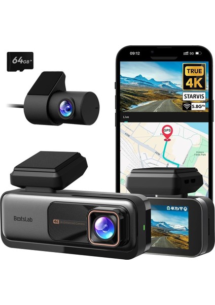 4K Dash Cam Ön Arka Kamera, Gps Wi-Fi, 64GB Sd Kart, Adas, Gece Görüşü, 170° Geniş Açı