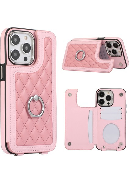 iPhone 14 Pro Max Yüzüklü Telefon Kılıfı Crossbody Deri Kickstand Kaplamalı Tpu Kart Tutucu-Pembe (Yurt Dışından)