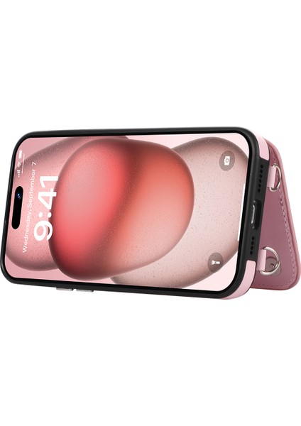 iPhone 14 Pro Max Yüzüklü Telefon Kılıfı Crossbody Deri Kickstand Kaplamalı Tpu Kart Tutucu-Pembe (Yurt Dışından) fiyatları