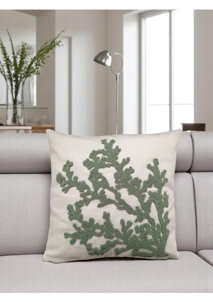 Yeşil Mercan Desenli Punch Nakışlı Kırlent Kılıfı | 43x43 Cm