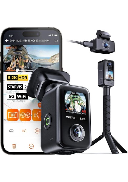 E360 Ace 5.2k 360° Panorama Araç Kamerası, 1440P Çift Starvıs 2 Hdr, Ses Kontrollü