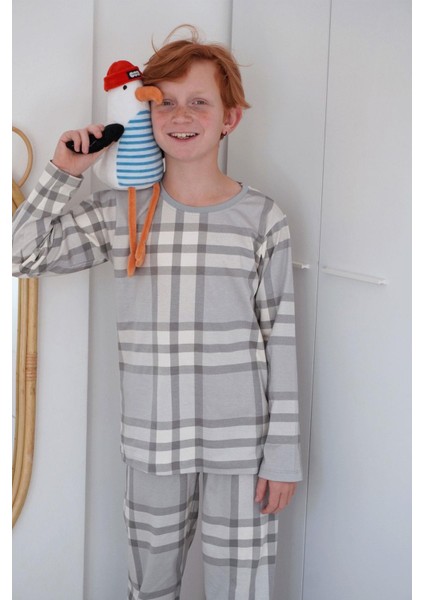 Erkek Çocuk Pijama Takımı Ekose Desenli 9-12 Yaş, Gri