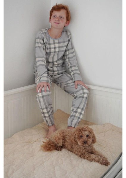 Erkek Çocuk Pijama Takımı Ekose Desenli 9-12 Yaş, Gri