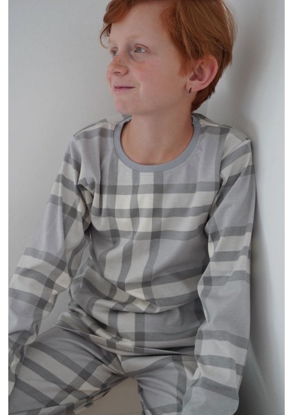 Erkek Çocuk Pijama Takımı Ekose Desenli 9-12 Yaş, Gri