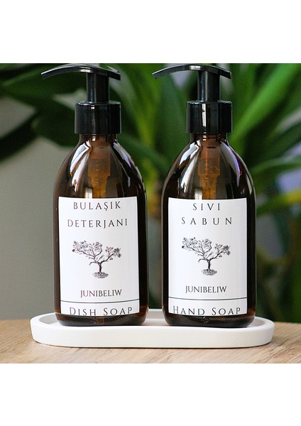 JUNİBELİW 3lü Set Beyaz Etiket Amber Cam Şişe BOŞ Bulaşık Deterjanlık Sıvı Sabunluk 2X250ML+ Beyaz Altlık