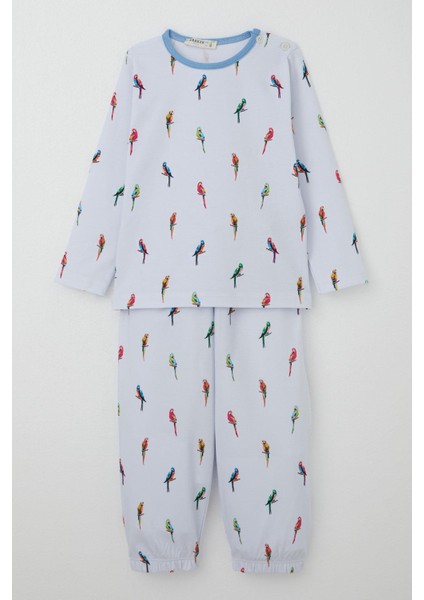 Erkek Çocuk Pijama Takımı Renkli Papağan Desenli 1-3 Yaş, Buz Mavisi