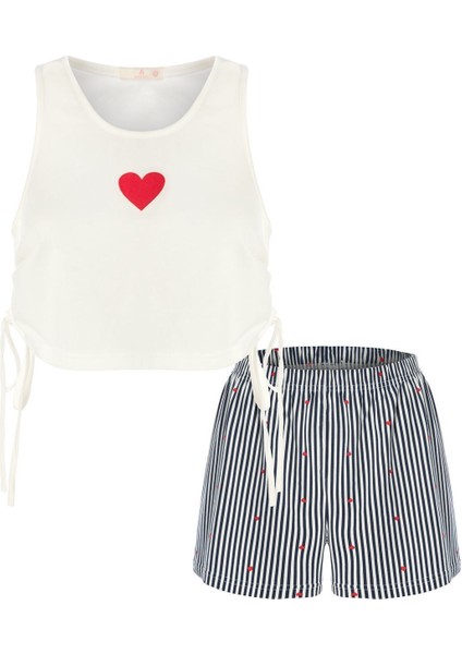 Kadın Yan Bağcık Detaylı Pamuklu Crop Şort Pijama Takımı