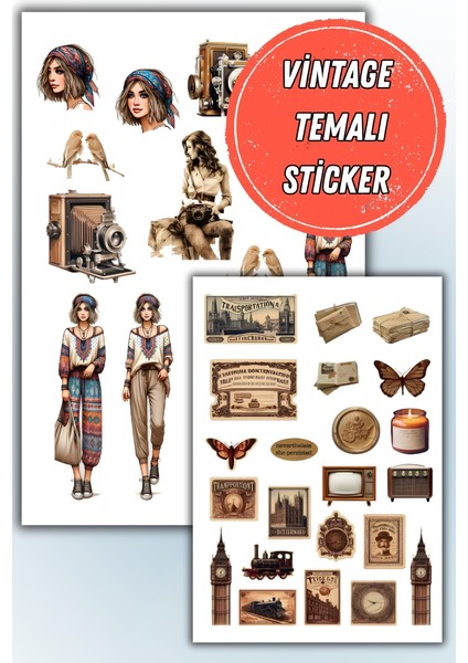 Vintage Temalı 2'li Set Sticker Planner Ajanda Bullet Journal Için Uygun