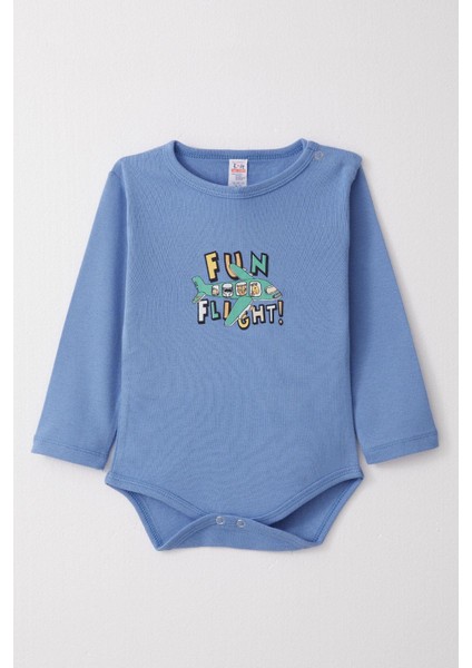 Erkek Bebek Çıtçıtlı Body Pilot Hayvancıklar Baskılı 9 Ay-3 Yaş, Mavi