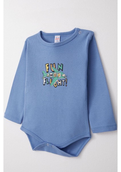 Erkek Bebek Çıtçıtlı Body Pilot Hayvancıklar Baskılı 9 Ay-3 Yaş, Mavi
