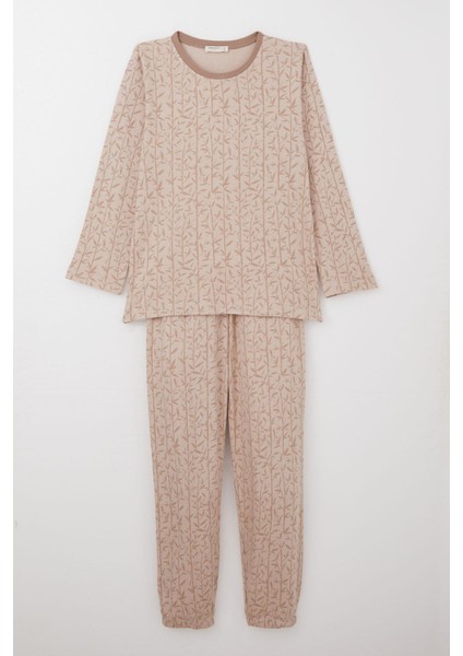Kız Çocuk Pijama Takımı Bambu Çiçeği Desenli 9-12 Yaş, Bej