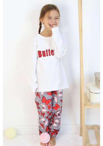 Kız Çocuk Pijama Takımı Kelebek Desenli Yazı Baskılı 5-10 Yaş, Beyaz
