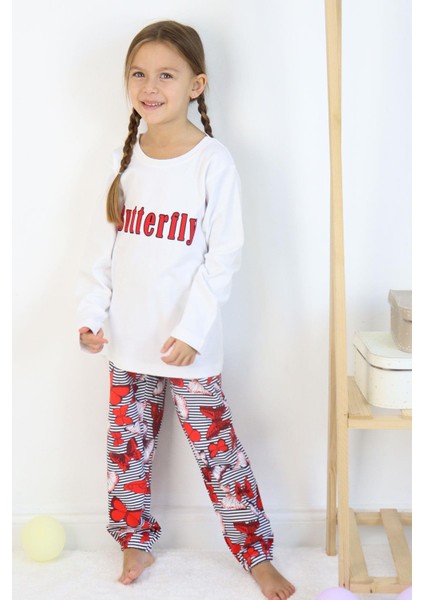 Kız Çocuk Pijama Takımı Kelebek Desenli Yazı Baskılı 5-10 Yaş, Beyaz