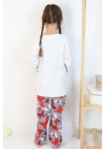 Kız Çocuk Pijama Takımı Kelebek Desenli Yazı Baskılı 5-10 Yaş, Beyaz
