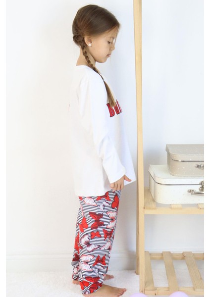 Kız Çocuk Pijama Takımı Kelebek Desenli Yazı Baskılı 5-10 Yaş, Beyaz