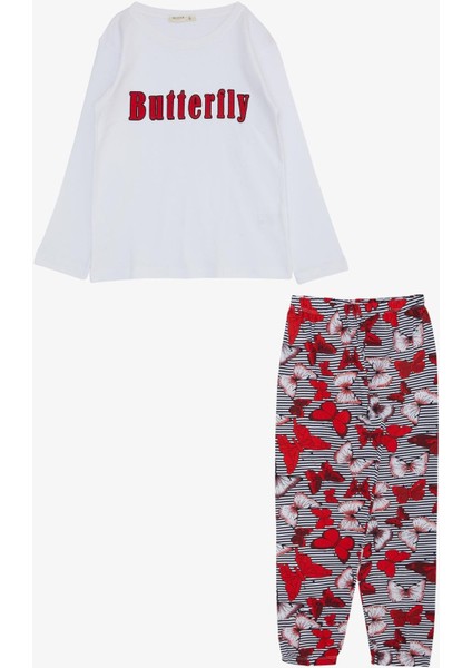 Kız Çocuk Pijama Takımı Kelebek Desenli Yazı Baskılı 5-10 Yaş, Beyaz