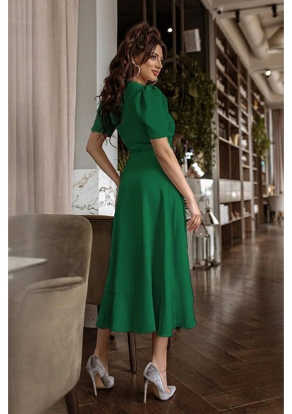Üçaymoda Kadın Kruvaze Yaka Midi Boy Kuşaklı Krep Elbise 120 cm
