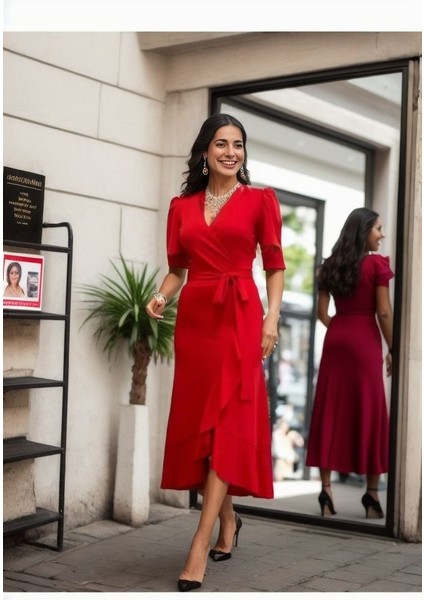 Üçaymoda Kadın Kruvaze Yaka Midi Boy Kuşaklı Krep Elbise 120 cm
