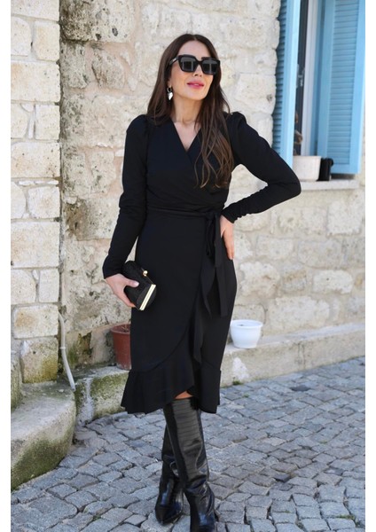 Üçaymoda Krep Kumaş Midi Boy Kuşaklı Uzunkol Elbise 113 cm