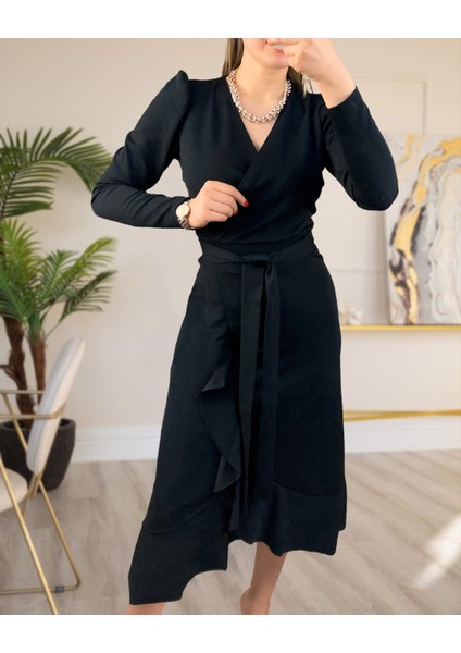 Üçaymoda Krep Kumaş Midi Boy Kuşaklı Uzunkol Elbise 113 cm