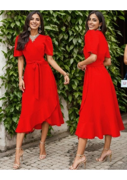 Üçaymoda Kadın Kruvaze Yaka Midi Boy Kuşaklı Krep Elbise 120 cm modelleri