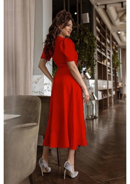 Üçaymoda Kadın Kruvaze Yaka Midi Boy Kuşaklı Krep Elbise 120 cm indirimleri