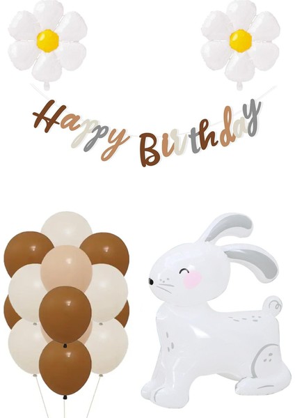 Papatya ve Büyük Boy 3D Beyaz Tavşan Tasarımlı Retro Doğum Günü Seti