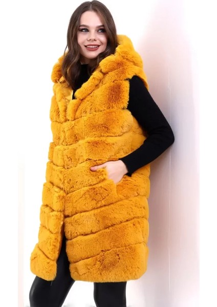 Üçaymoda Reks Kapüşonlu Yelek - Sarı