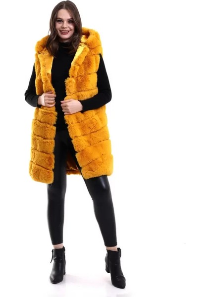 Üçaymoda Reks Kapüşonlu Yelek - Sarı