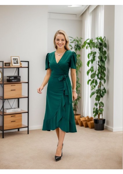 Üçaymoda Kadın Kruvaze Yaka Midi Boy Kuşaklı Krep Elbise 120 cm