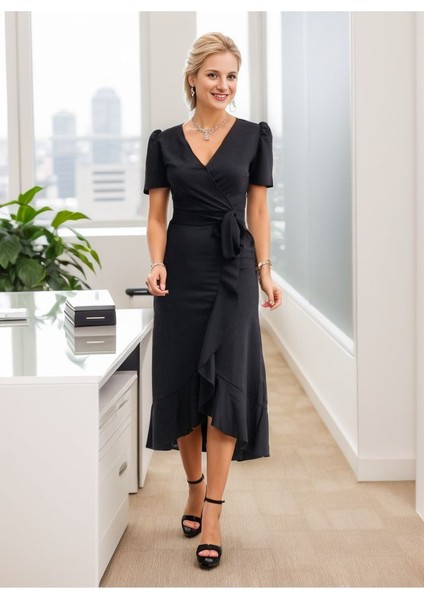 Üçaymoda Kadın Kruvaze Yaka Midi Boy Kuşaklı Krep Elbise 120 cm modelleri