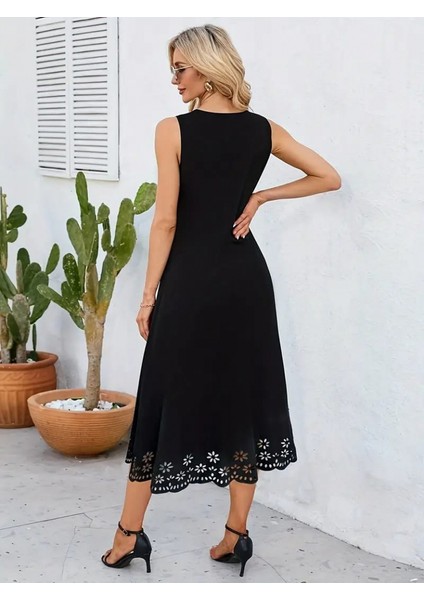 Üçaymoda Kadın Kolsuz Etek Ucu Lazer Kesim Çiçek Desenli Midi Boy Ithal Krep Elbise