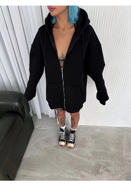 Üçaymoda Oversize Tam Fermuarlı Uzun Kol Hırka - Siyah