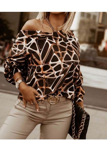 Üçaymoda Kadın Uzun Kollu V Yaka Düşük Omuz Geometrik Desen Şardonlu Dalgıç Bluz