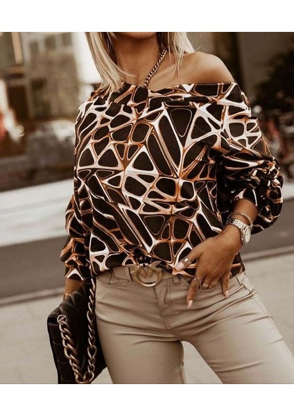 Üçaymoda Kadın Uzun Kollu V Yaka Düşük Omuz Geometrik Desen Şardonlu Dalgıç Bluz