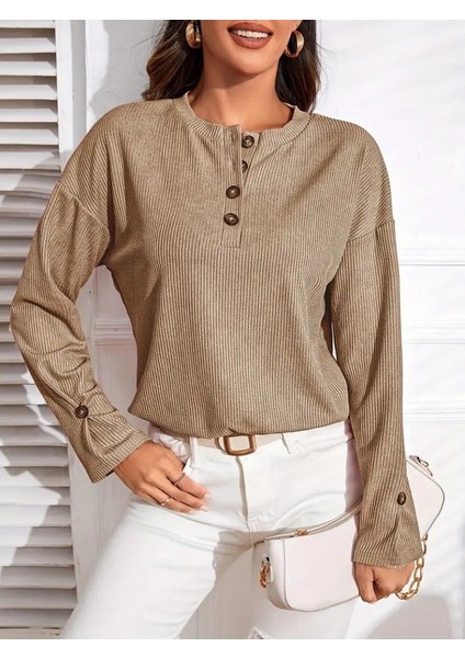 Üçaymoda Kadın Uzun Kollu V Yakalı Düğmeli Salaş Şardonlu Kaşkorse Bluz
